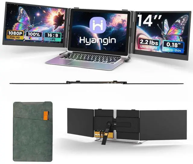 Main image of Hyangin S8 PRO 14" Triple-Screen Portable Monitor, Ultra-Slim 1.02kg, 1920×1080 FHD IPS, CNC Aluminum, Dual USB-C + PD, HDMI, Compatible with Mac/Windows/Android/Linux