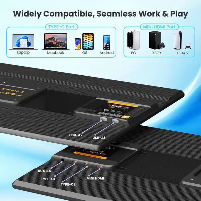 Alt view image 4 of 7 - Hyangin D1 Portable LCD Monitor 23.8" FHD 1080p 100Hz IPS, Ultra-Slim Lightweight Laptop Screen Extender, Foldable & Detachable with USB-C/HDMI, Multi-OS Compatible