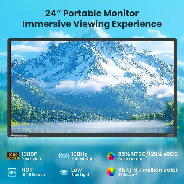 Alt view image 2 of 7 - Hyangin D1 Portable LCD Monitor 23.8" FHD 1080p 100Hz IPS, Ultra-Slim Lightweight Laptop Screen Extender, Foldable & Detachable with USB-C/HDMI, Multi-OS Compatible