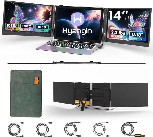 Main image of Hyangin S8 PRO 14" Triple Monitor Laptop Screen Extender  1080P IPS Display, Ultra-Slim 1.02kg Portable Monitor, USB-C ×3 with PD 100W, Foldable Stand, for Laptop/Phone/Travel/Workstation