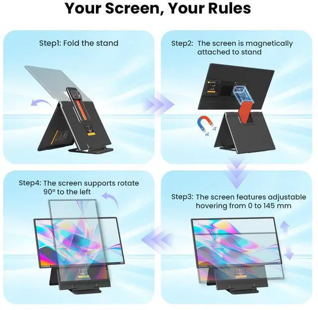 Alt view image 6 of 7 - Hyangin D1 23.8" Laptop Screen Extender  FHD 1080P IPS Monitor, 100Hz, Portable Dual Screen with USB-C, HDMI, HDR, VESA Mount, Foldable Stand, 90° Rotation, for Work, Travel, Gaming, DeX, EMUI, TNT