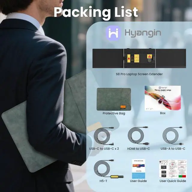 Alt view image 7 of 7 - Hyangin S8 PRO 14" Triple Monitor Laptop Screen Extender  1080P IPS Display, Ultra-Slim 1.02kg Portable Monitor, USB-C ×3 with PD 100W, Foldable Stand, for Laptop/Phone/Travel/Workstation