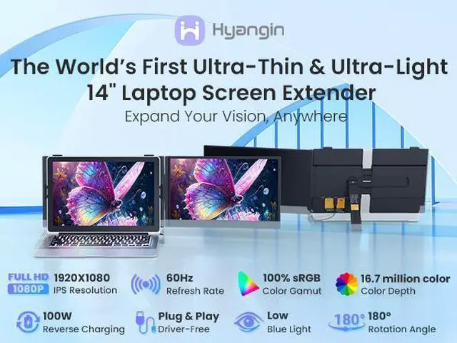 Alt view image 2 of 7 - Hyangin S8 14" Portable FHD IPS Dual Monitor, 1080P 60Hz, USB-C Full-Function & DP, 100W PD Reverse Charge, Compatible with Laptop, Desktop, Tablet, Smartphone, Ideal for Portable Work & Gaming