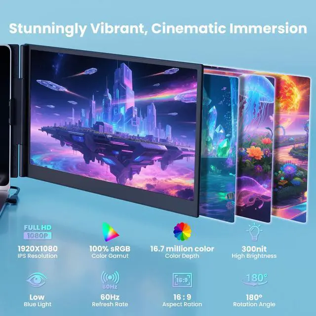 Alt view image 2 of 7 - Hyangin S8 PRO 14" Triple Screen Portable Gaming Monitor | FHD 1920x1080 IPS 60Hz | USB-C One-Cable | 100W PD | Lightweight 1.02kg for Laptop, PC, Students & Gamers