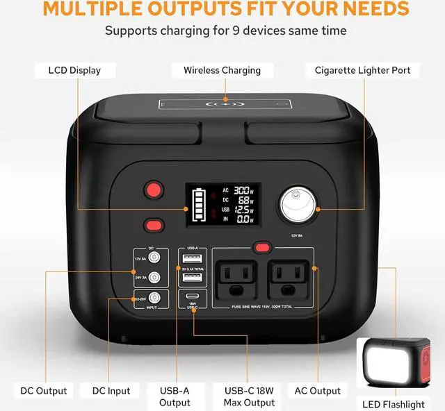 Alt view image 3 of 6 - Portable Power Station With Wireless Charging 300W Portable Solar Generator 228Wh Portable Power Supply With LED Light Power Generator 9 Outputs Portable Charging Station for Outdoor Camping Emergency