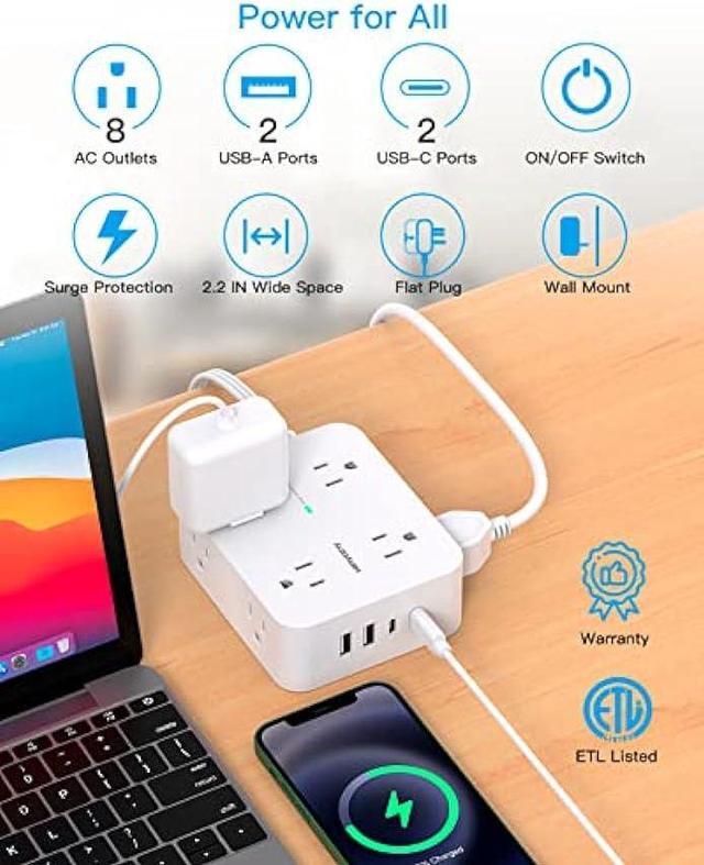 Alt view image 2 of 7 - Flat Extension Cord, 5 Ft Ultra Thin Flat Plug Power Strip Surge Protector, 8 Widely Outlet Extender 4 USB Ports(2USB C),1080J Multi Plug Outlet Wall Mount for Home Office Dorm Room Travel Essentials