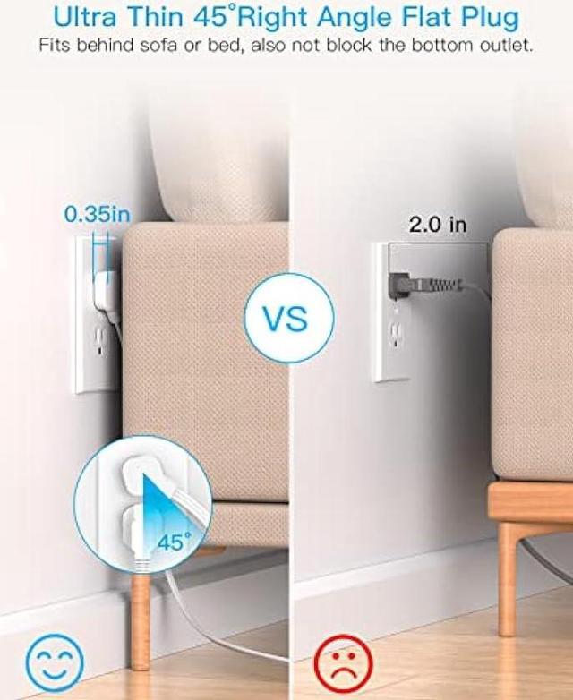 Alt view image 3 of 7 - Flat Extension Cord, 5 Ft Ultra Thin Flat Plug Power Strip Surge Protector, 8 Widely Outlet Extender 4 USB Ports(2USB C),1080J Multi Plug Outlet Wall Mount for Home Office Dorm Room Travel Essentials