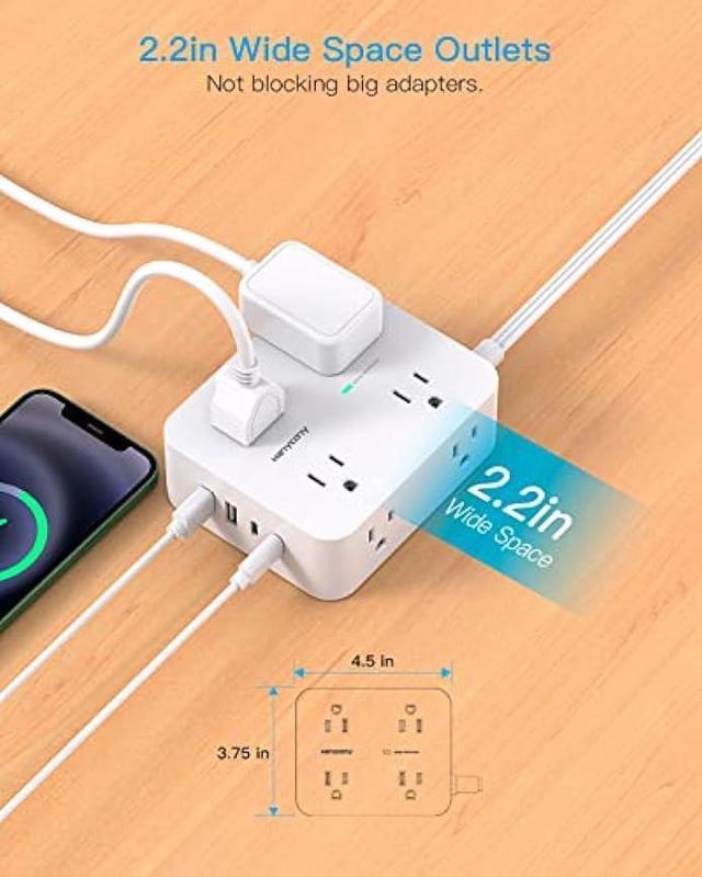 Alt view image 4 of 7 - Flat Extension Cord, 5 Ft Ultra Thin Flat Plug Power Strip Surge Protector, 8 Widely Outlet Extender 4 USB Ports(2USB C),1080J Multi Plug Outlet Wall Mount for Home Office Dorm Room Travel Essentials