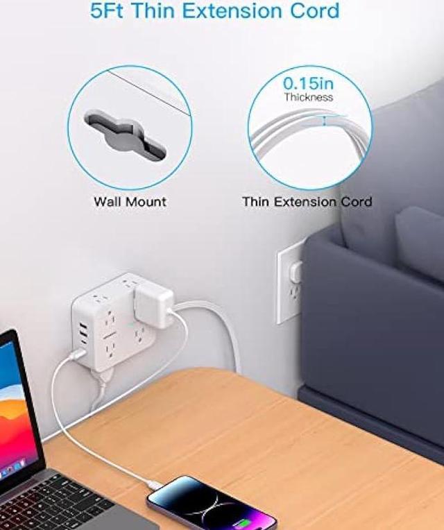 Alt view image 7 of 7 - Flat Extension Cord, 5 Ft Ultra Thin Flat Plug Power Strip Surge Protector, 8 Widely Outlet Extender 4 USB Ports(2USB C),1080J Multi Plug Outlet Wall Mount for Home Office Dorm Room Travel Essentials