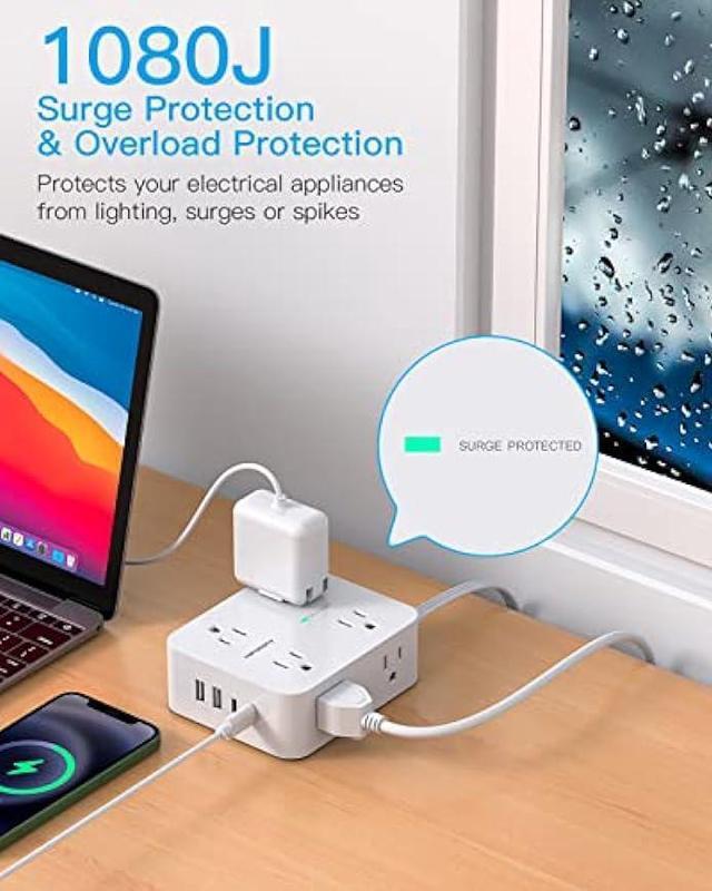 Alt view image 6 of 7 - Flat Extension Cord, 5 Ft Ultra Thin Flat Plug Power Strip Surge Protector, 8 Widely Outlet Extender 4 USB Ports(2USB C),1080J Multi Plug Outlet Wall Mount for Home Office Dorm Room Travel Essentials