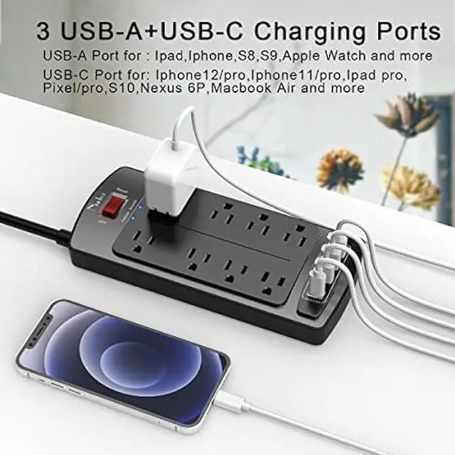 Alt view image 4 of 5 - Surge Protector Power Strip - Nuetsa Flat Plug Extension Cord with 8 Outlets and 4 USB Ports, 6 Feet Power Cord (1625W/13A), 2700 Joules, ETL Listed, Black