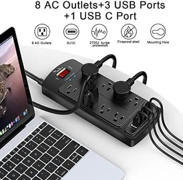 Alt view image 2 of 5 - Surge Protector Power Strip - Nuetsa Flat Plug Extension Cord with 8 Outlets and 4 USB Ports, 6 Feet Power Cord (1625W/13A), 2700 Joules, ETL Listed, Black