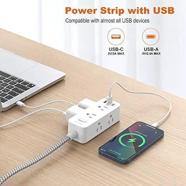 Alt view image 3 of 6 - Power Strip Surge Protector, 5Ft Extension Cord, 6 Outlets with 3 USB Ports(1 USB C Outlet), 3-Side Outlet Extender, Wall Mount, Compact for Travel, Home, School, College Dorm Room, and Office