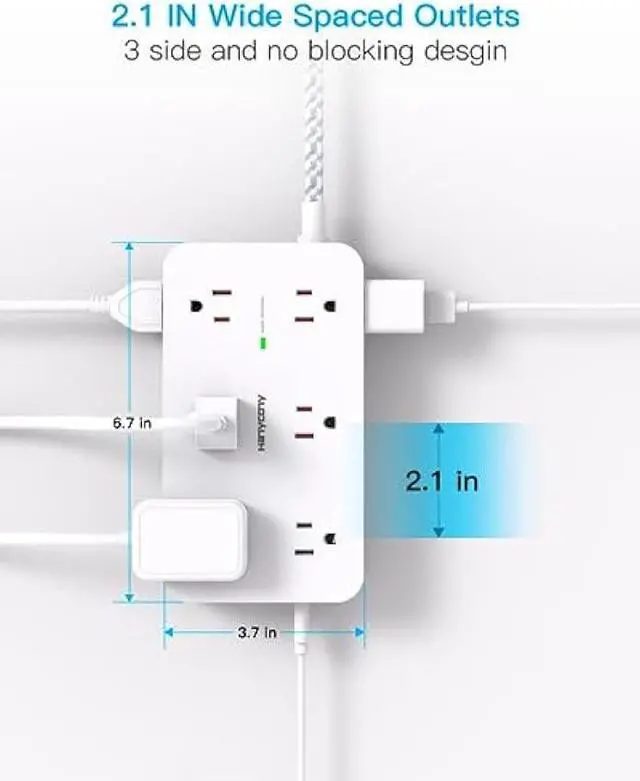 Alt view image 3 of 7 - Power Strip Surge Protector, 12 Multiplie Outlets 4 USB Ports (2USB C), 5Ft Braided Extension Cord Flat Plug, Overload Surge Protection, Wall Mount, Desk for Office Home College Dorm Room Essentials