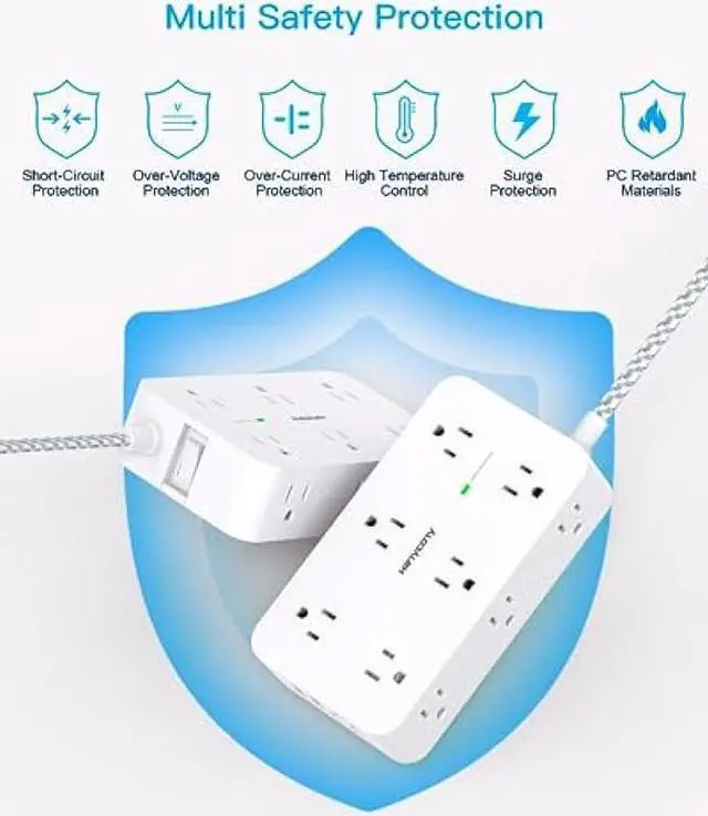 Alt view image 7 of 7 - Power Strip Surge Protector, 12 Multiplie Outlets 4 USB Ports (2USB C), 5Ft Braided Extension Cord Flat Plug, Overload Surge Protection, Wall Mount, Desk for Office Home College Dorm Room Essentials