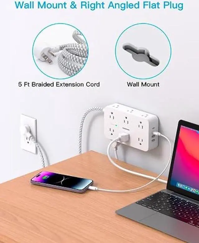 Alt view image 6 of 7 - Power Strip Surge Protector, 12 Multiplie Outlets 4 USB Ports (2USB C), 5Ft Braided Extension Cord Flat Plug, Overload Surge Protection, Wall Mount, Desk for Office Home College Dorm Room Essentials