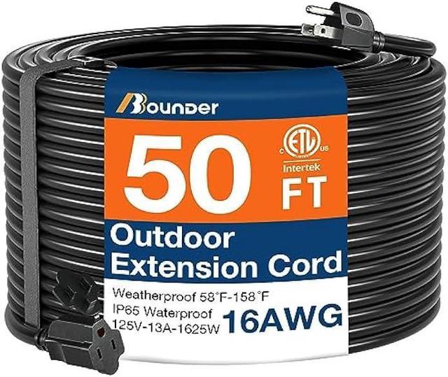 BBOUNDER 50 FT Outdoor Extension Cord Waterproof, Black 16/3 SJTW Heavy  Duty 13A 1625W, Flexible 100% Copper 3 Prong Extension Cord for Lawn,  Garage, ETL Listed 