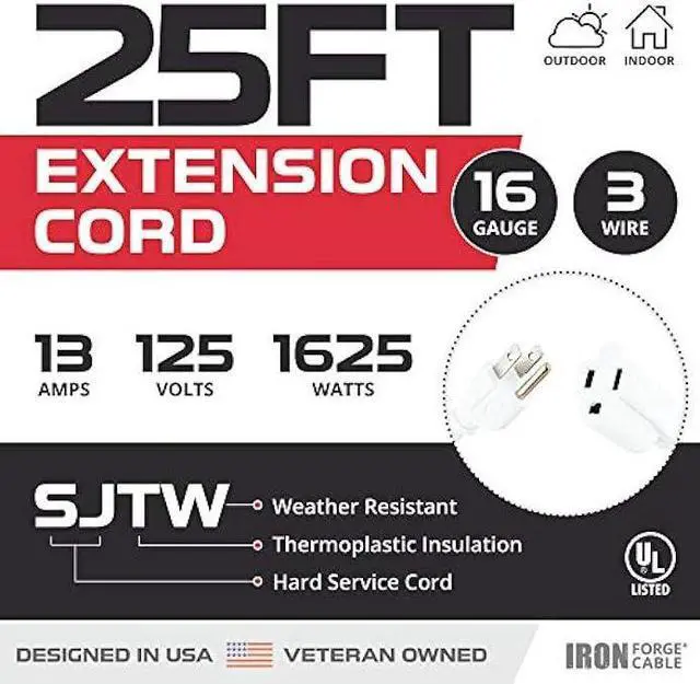 Alt view image 2 of 6 - 25 Ft White Extension Cord 2 Pack - 16/3 Durable Electrical Cable - US Veteran Owned Company