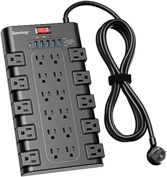 Main image of Power Strip, SUPERDANNY Surge Protector with 22 AC Outlets and 6 USB Charging Ports, 1875W/15A, 2100 Joules, 6.5Ft Flat Plug Heavy Duty Extension Cord for Home, Office, Dorm, Gaming Room, Black
