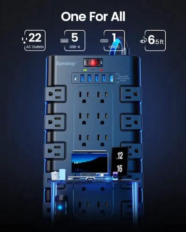 Alt view image 2 of 6 - Power Strip, SUPERDANNY Surge Protector with 22 AC Outlets and 6 USB Charging Ports, 1875W/15A, 2100 Joules, 6.5Ft Flat Plug Heavy Duty Extension Cord for Home, Office, Dorm, Gaming Room, Black
