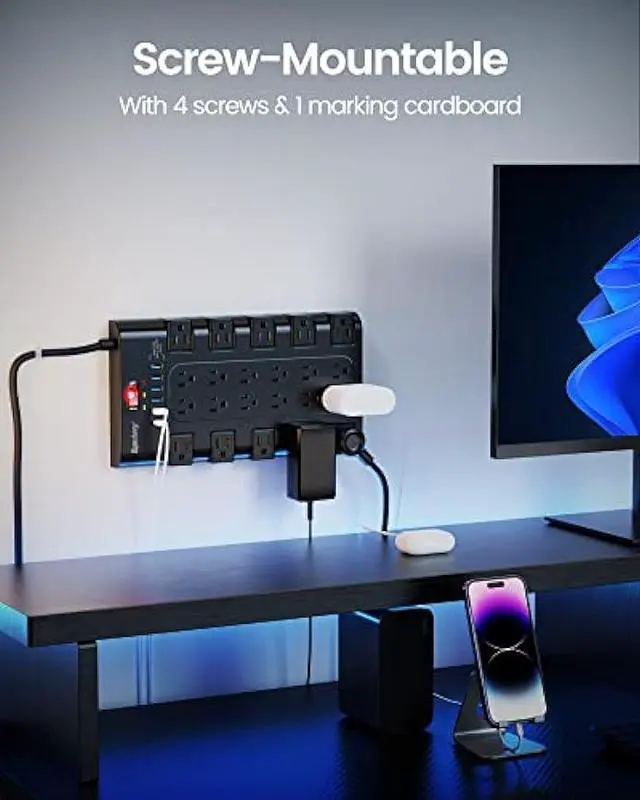 Alt view image 6 of 6 - Power Strip, SUPERDANNY Surge Protector with 22 AC Outlets and 6 USB Charging Ports, 1875W/15A, 2100 Joules, 6.5Ft Flat Plug Heavy Duty Extension Cord for Home, Office, Dorm, Gaming Room, Black