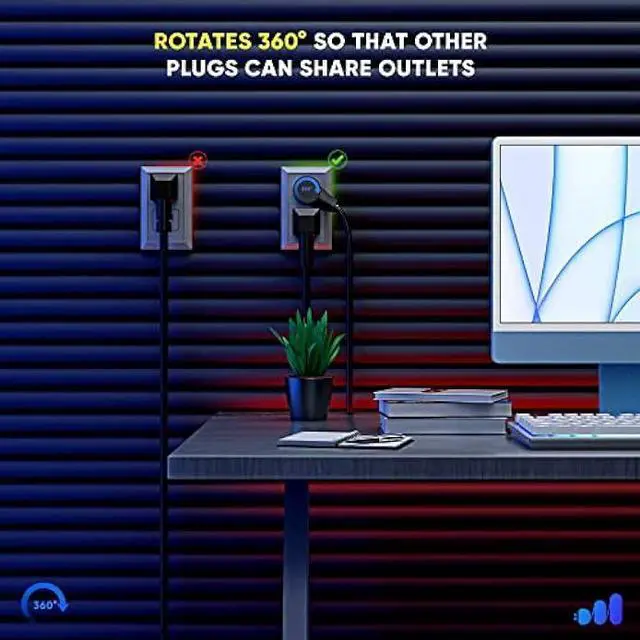 Alt view image 2 of 6 - Maximm Cable 3 Feet 360° Rotating Flat Plug Extension Cord/Wire, 3 Prong Grounded Wire 16 Awg Power Cord - Black UL Certified