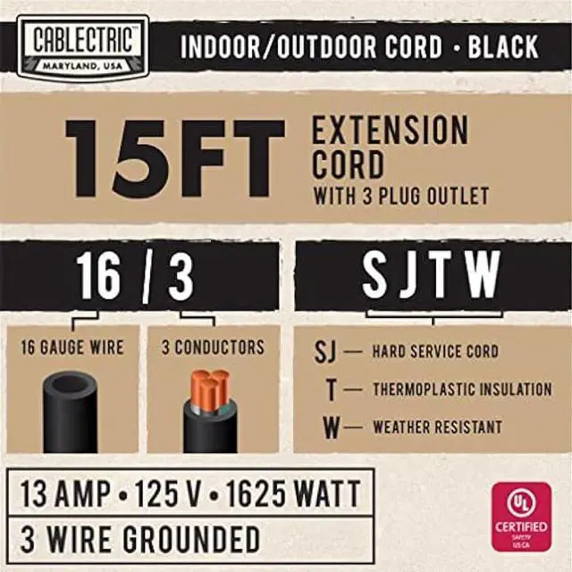 Alt view image 2 of 5 - Cablectric 15 Foot Outdoor Extension Cord with 3 Power Outlets - 16/3 SJTW Black 16 Gauge Electrical Cable with 3 Prong Grounded Plug