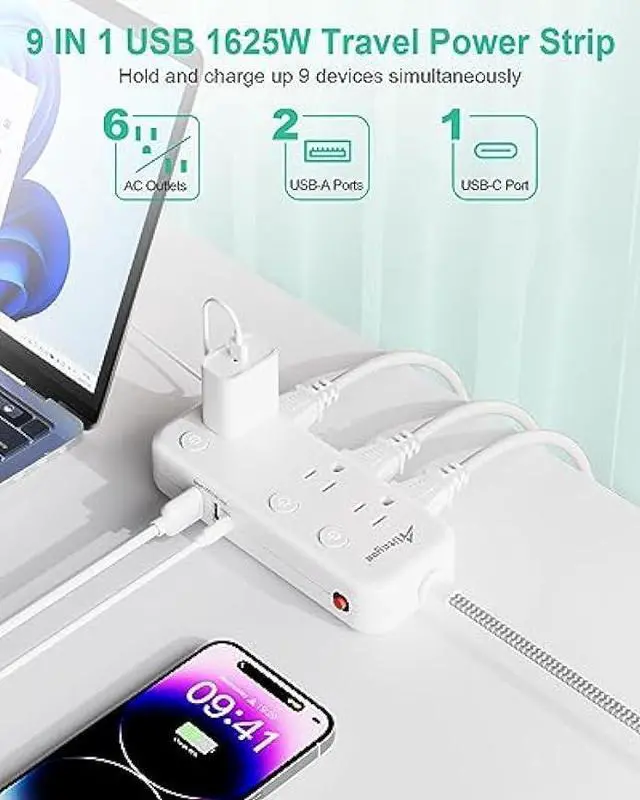 Alt view image 2 of 7 - Individual Switch Power Strip with 6 Outlets 3 USB(17W USB C), 5Ft Braided Cord Ultra Thin Flat Plug, 13A Wall Mount Extension Cord with Circuit Breaker, No Surge Protector for Travel Home Office Dorm