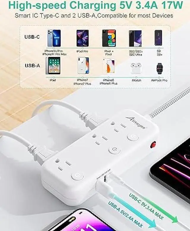 Alt view image 3 of 7 - Individual Switch Power Strip with 6 Outlets 3 USB(17W USB C), 5Ft Braided Cord Ultra Thin Flat Plug, 13A Wall Mount Extension Cord with Circuit Breaker, No Surge Protector for Travel Home Office Dorm