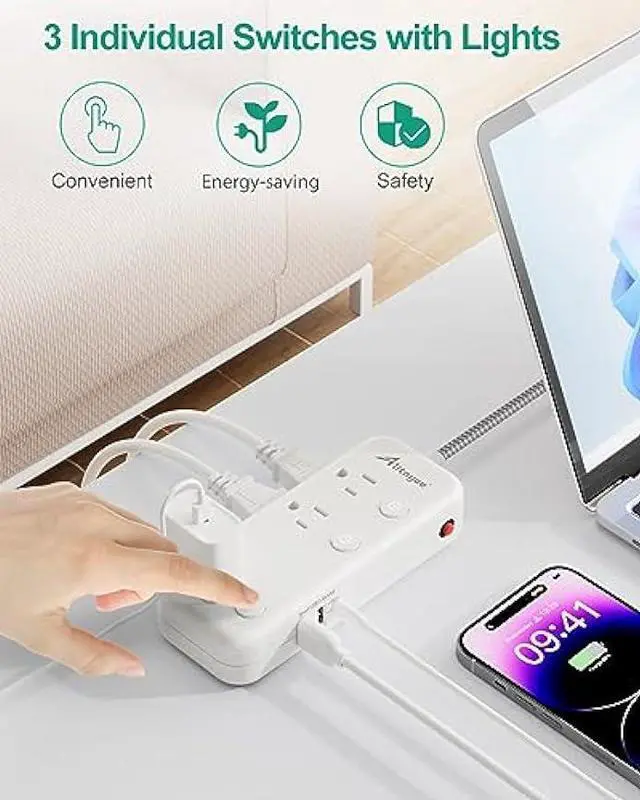 Alt view image 4 of 7 - Individual Switch Power Strip with 6 Outlets 3 USB(17W USB C), 5Ft Braided Cord Ultra Thin Flat Plug, 13A Wall Mount Extension Cord with Circuit Breaker, No Surge Protector for Travel Home Office Dorm