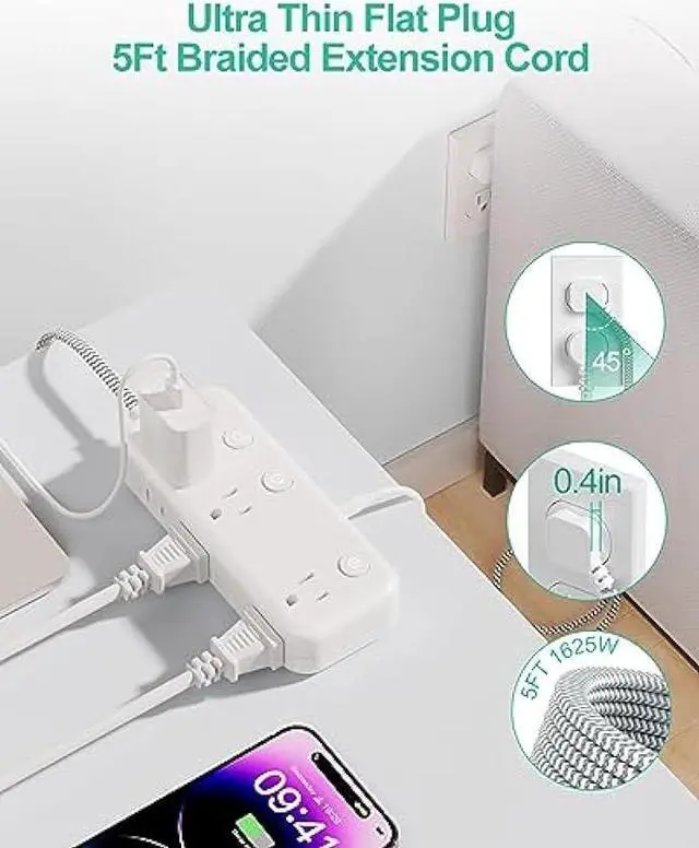 Alt view image 5 of 7 - Individual Switch Power Strip with 6 Outlets 3 USB(17W USB C), 5Ft Braided Cord Ultra Thin Flat Plug, 13A Wall Mount Extension Cord with Circuit Breaker, No Surge Protector for Travel Home Office Dorm