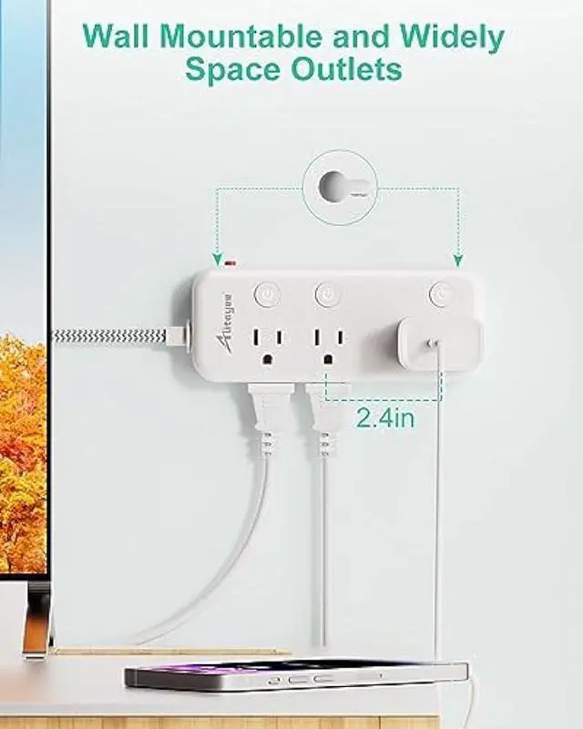 Alt view image 6 of 7 - Individual Switch Power Strip with 6 Outlets 3 USB(17W USB C), 5Ft Braided Cord Ultra Thin Flat Plug, 13A Wall Mount Extension Cord with Circuit Breaker, No Surge Protector for Travel Home Office Dorm