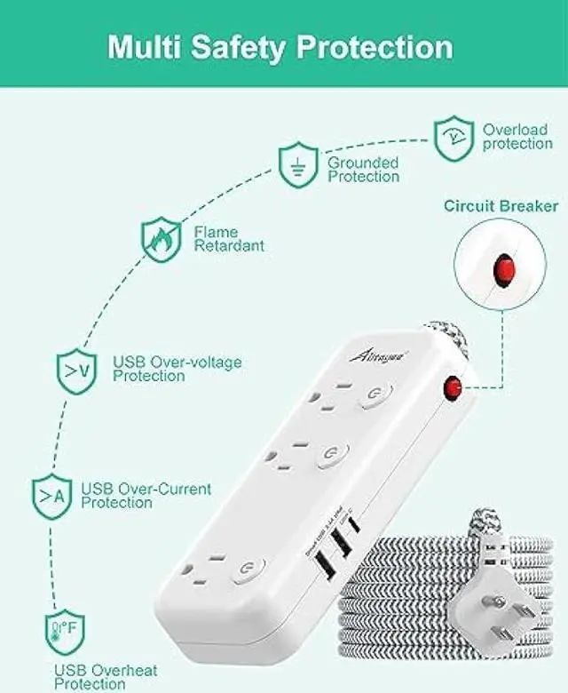 Alt view image 7 of 7 - Individual Switch Power Strip with 6 Outlets 3 USB(17W USB C), 5Ft Braided Cord Ultra Thin Flat Plug, 13A Wall Mount Extension Cord with Circuit Breaker, No Surge Protector for Travel Home Office Dorm