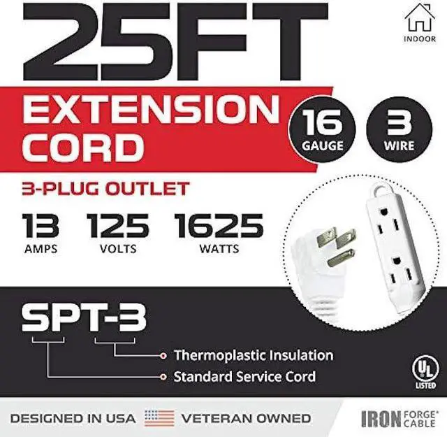Alt view image 2 of 6 - Iron Forge Cable Flat Plug White Extension Cord with 3 Outlets 25 Ft,16/3 Heavy Duty 3 Prong Extension Cord with Multiple Outlets, Power Outlet for Home, Garage, Workshop, 16 AWG Indoor Extension Cord