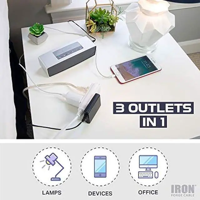 Alt view image 5 of 6 - Iron Forge Cable Flat Plug White Extension Cord with 3 Outlets 25 Ft,16/3 Heavy Duty 3 Prong Extension Cord with Multiple Outlets, Power Outlet for Home, Garage, Workshop, 16 AWG Indoor Extension Cord