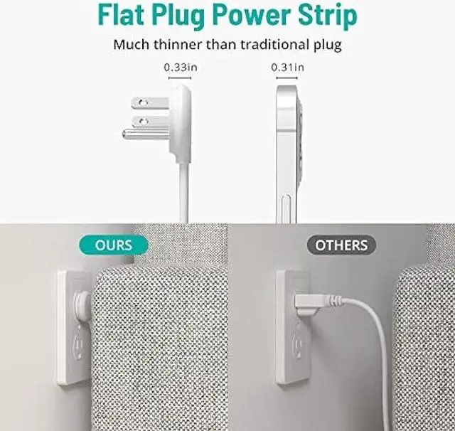 Alt view image 2 of 6 - Flat Plug Power Strip, 5 ft Ultra Thin Flat Extension Cord, 8 Widely Outlets, 4 USB Ports(1 USB C) Desk Charging Station, Compact Surge Protector Power Strip for Travel Home Office Dorm Essentials