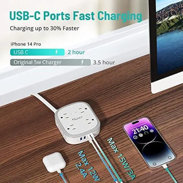 Alt view image 3 of 6 - Flat Plug Power Strip, 5 ft Ultra Thin Flat Extension Cord, 8 Widely Outlets, 4 USB Ports(1 USB C) Desk Charging Station, Compact Surge Protector Power Strip for Travel Home Office Dorm Essentials