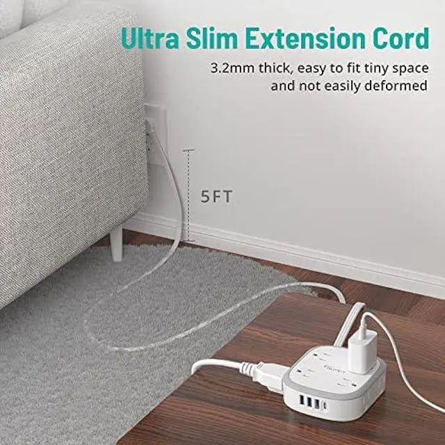 Alt view image 4 of 6 - Flat Plug Power Strip, 5 ft Ultra Thin Flat Extension Cord, 8 Widely Outlets, 4 USB Ports(1 USB C) Desk Charging Station, Compact Surge Protector Power Strip for Travel Home Office Dorm Essentials