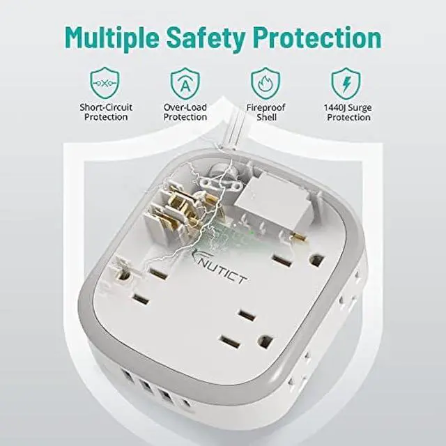 Alt view image 6 of 6 - Flat Plug Power Strip, 5 ft Ultra Thin Flat Extension Cord, 8 Widely Outlets, 4 USB Ports(1 USB C) Desk Charging Station, Compact Surge Protector Power Strip for Travel Home Office Dorm Essentials