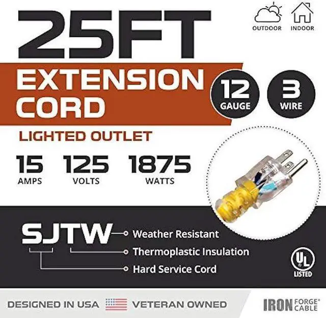 Alt view image 2 of 6 - IRON FORGE CABLE 25 ft Lighted Outdoor Extension Cord - 12/3 SJTW Heavy Duty Yellow Extension Cable Extension Cable with 3 Prong Grounded Plug for Safety, 15AMP -Great for Garden and Major Appliances