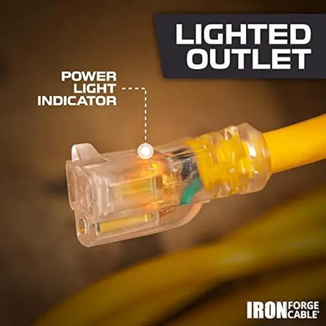 Alt view image 3 of 6 - IRON FORGE CABLE 25 ft Lighted Outdoor Extension Cord - 12/3 SJTW Heavy Duty Yellow Extension Cable Extension Cable with 3 Prong Grounded Plug for Safety, 15AMP -Great for Garden and Major Appliances