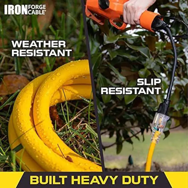 Alt view image 4 of 6 - IRON FORGE CABLE 25 ft Lighted Outdoor Extension Cord - 12/3 SJTW Heavy Duty Yellow Extension Cable Extension Cable with 3 Prong Grounded Plug for Safety, 15AMP -Great for Garden and Major Appliances