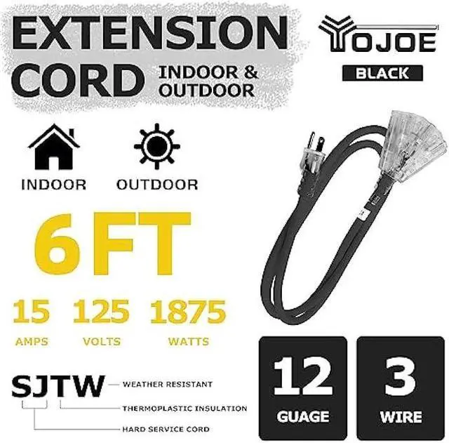 Alt view image 2 of 7 - YOJOE 6 Foot Black Extension Cord, Lighted Outdoor 12/3 Cord with 3 Power Outlets, 12 Gauge 3 Prong SJTW Heavy Duty Extension Cable with 3 Prong Grounded Plug for Safety, UL Listed