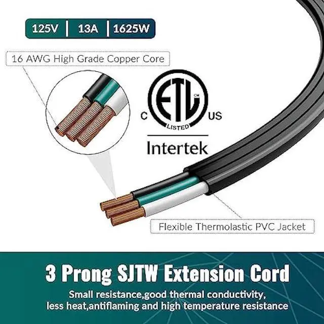 Alt view image 5 of 6 - Elecan Flat Plug Extension Cord 12 Ft with Slim Space-Saving Plug Design, Thin Flat Cable Low Profile Power Cord 3 Prong Grounded Wire, 16 Gauge 13 A/125 V-Black-ETL Certified