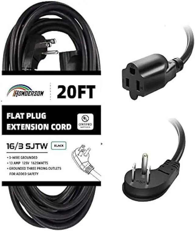 Main image of Flat Plug Indoor Extension Cord, UL Listed, 16 Gauge 20FT Black 3 Prong Heavy Duty, 16/3 SJTW 13A Power Cord for Lights, Appliances, Home
