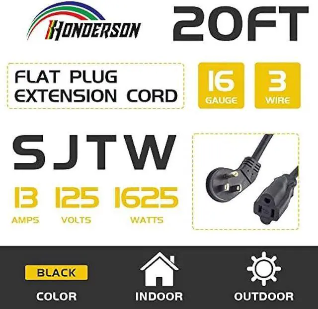 Alt view image 2 of 7 - Flat Plug Indoor Extension Cord, UL Listed, 16 Gauge 20FT Black 3 Prong Heavy Duty, 16/3 SJTW 13A Power Cord for Lights, Appliances, Home