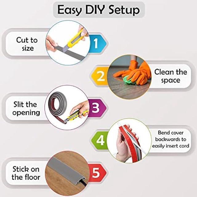Alt view image 7 of 7 - Rubber Bond Cord Cover Floor Cable Protector - Strong Self Adhesive Floor Cord Covers for Wires - Low Profile Extension Cord Covers for Floor & Wall - Grey - Thin Cord - 4 Feet