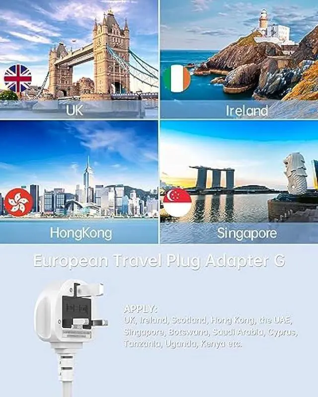 Alt view image 2 of 7 - UK Travel Plug Adapter with USB C, 6FT Extension Cord, US to UK Ireland Plug Adapter Type G Travel Adapter with 3 Outlets 3 USB Ports for Scotland London England British Irish Kenya Dubai Travel