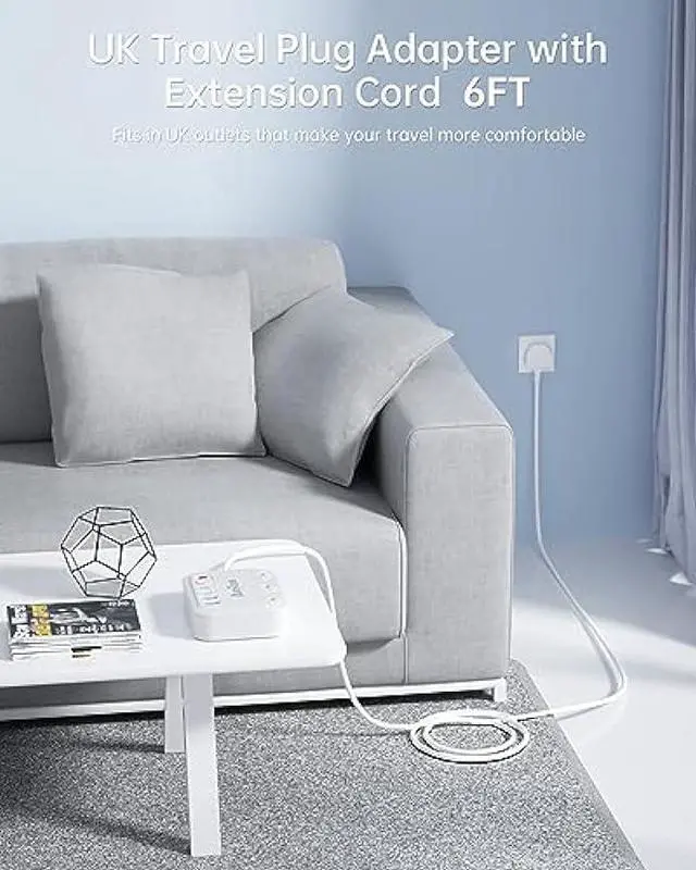 Alt view image 4 of 7 - UK Travel Plug Adapter with USB C, 6FT Extension Cord, US to UK Ireland Plug Adapter Type G Travel Adapter with 3 Outlets 3 USB Ports for Scotland London England British Irish Kenya Dubai Travel