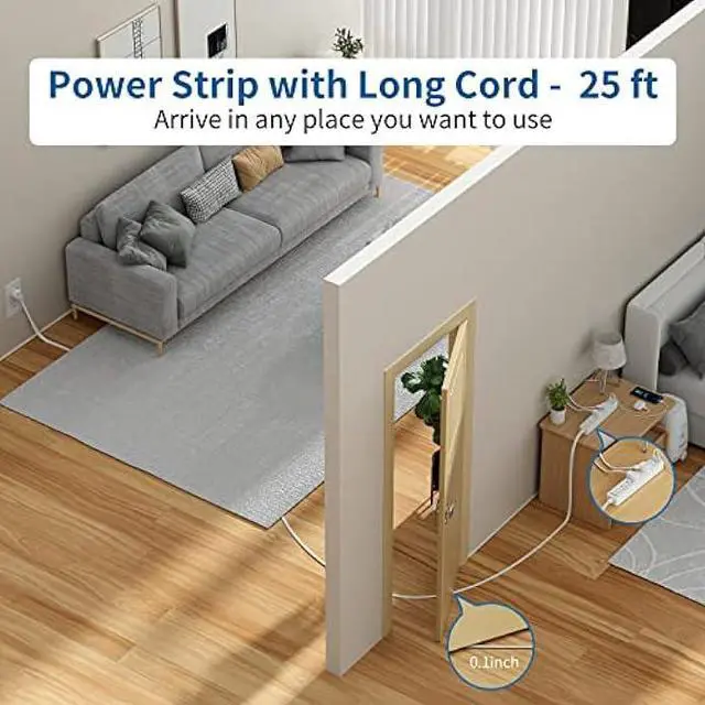 Alt view image 2 of 6 - NTONPOWER Long Extension Cord 25 Ft, Flat Extension Cord Under Carpet, Rug, Door, Power Strip Long Cord, Wall Mount Power Strip with 4 Outlets 2 USB, Overload Protection for Indoor, Home, Dorm, Office